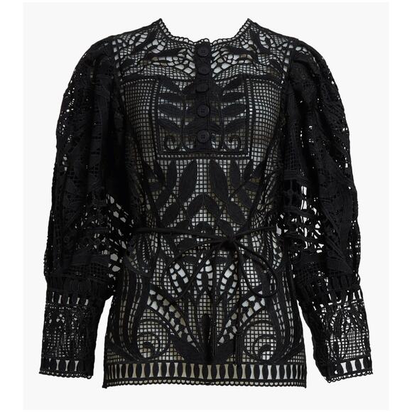 FARM RIO Black Guipire Puff Sleeve Blouse in Size M. - Picture 1 of 8